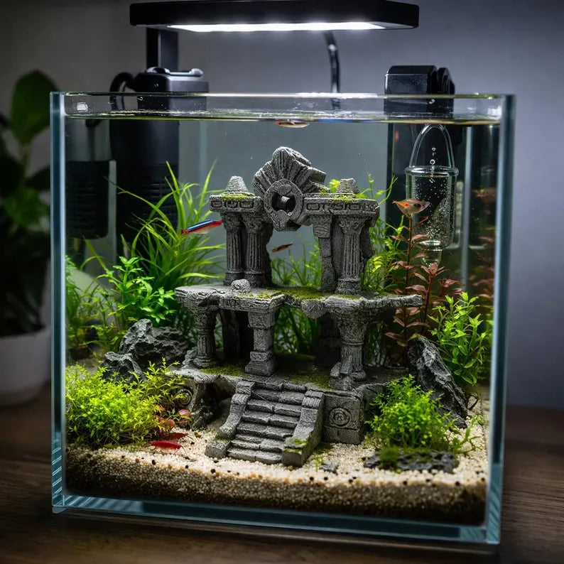 Nano Temple Aquarium Background – Betta & Shrimp Hideout | 3D Aquascape Backwall for Nano Tanks