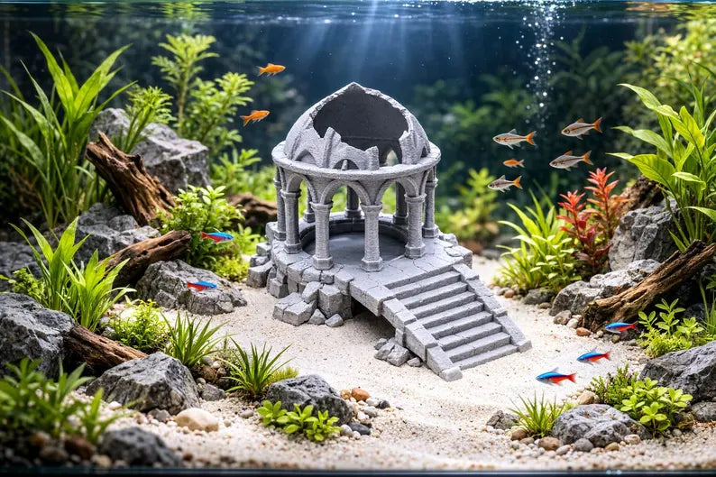 Sunken Temple Aquarium Ruins – Pavilion Cave & Feeding Bowl