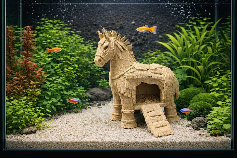 Trojan Horse Aquarium Cave – Mythical Hideout for Fish & Aquascapes
