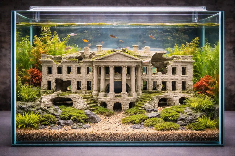White House Aquarium Decor XL & XXL – Monument Ruins Rock Cave Centerpiece for Large Aquariums & Cichlid Tanks