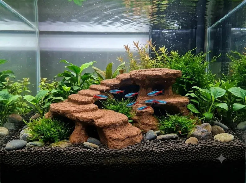 Stone Terrace Aquarium Caves – Multi-Level Rock Cave for Fish & Shrimp | Aquascape Centerpiece | Natural Aquarium Decor
