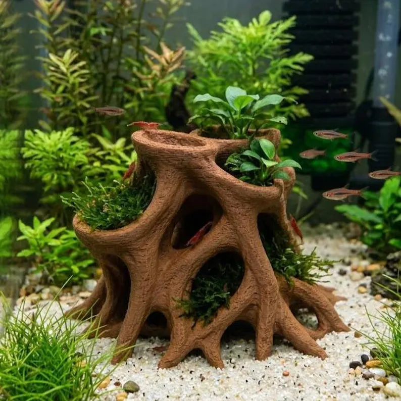Root Cave Planter Aquarium Decor – Driftwood Style Fish Hideout with Plant Holder | Shrimp Cave | Aquascape Centerpiece
